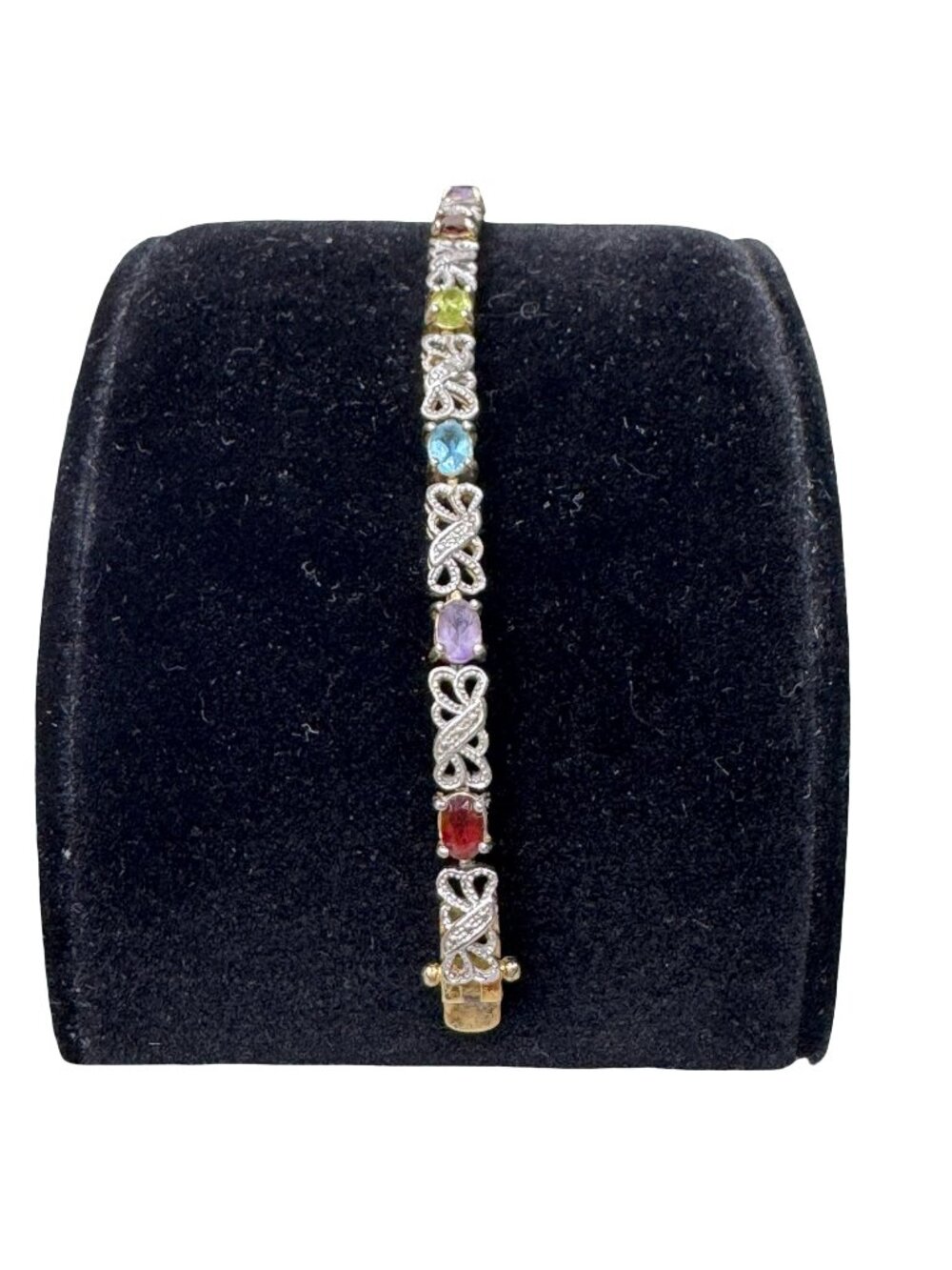 Vtg Sterling Silver 925 Multi Gemstone Tennis Bracelet w Diamond Accents 7 1/4"